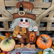 Load image into Gallery viewer, Fall Scarecrow decoration, Pumpkin and Scarecrow porch decor, Autumn Pumpkin arrangement for entry way, Halloween, Farmhouse, Thanksgiving