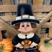 Load image into Gallery viewer, Thanksgiving Pilgrim and Turkey decor, fall shelf sitter, Fall Countertop decor, Thanksgiving centerpiece, Turkey and Pumpkin table floral