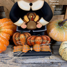 Load image into Gallery viewer, Thanksgiving Pilgrim and Turkey decor, fall shelf sitter, Fall Countertop decor, Thanksgiving centerpiece, Turkey and Pumpkin table floral