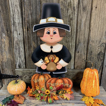 Load image into Gallery viewer, Thanksgiving decoration, Pilgrim and Turkey for entryway decor, Autumn arrangement, Fall centerpiece, pumpkin decor, Happy Thanksgiving sign