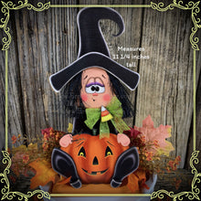 Load image into Gallery viewer, Halloween decoration, fall witch for table, cute witch tier tray, wooden sitting Witch and Jack-o-lantern shelf sitter, candy corn decor,