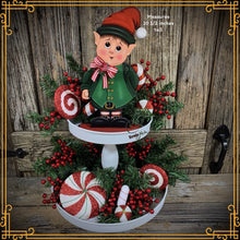 Load image into Gallery viewer, Christmas elf decoration, Holiday tiered tray, wood Elf shelf sitter, Christmas table decor, Sweets, Gingerbread, Elf and Candy Cane decor