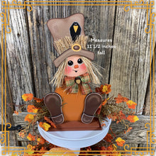 Load image into Gallery viewer, Fall Scarecrow decoration, tier tray, kitchen island fall arrangement, riser decor, wooden shelf sitter, Halloween, Farmhouse, Thanksgiving
