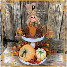 Load image into Gallery viewer, Fall Scarecrow decoration, tier tray, kitchen island fall arrangement, riser decor, wooden shelf sitter, Halloween, Farmhouse, Thanksgiving