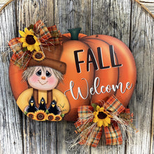 Load image into Gallery viewer, Scarecrow Fall door hanger, pumpkin door sign, Thanksgiving wreath, Halloween, Pumpkin and sunflowers porch sign, Scarecrow and crows decor