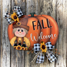 Load image into Gallery viewer, Scarecrow Fall door hanger, pumpkin door sign, Thanksgiving wreath, Halloween, Pumpkin and sunflowers porch sign, Scarecrow and crows decor