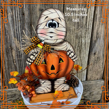 Load image into Gallery viewer, Halloween decoration, Mummy, Jack-o-lantern, pumpkin tier tray decor, Mummy shelf sitter, Halloween, Candy corn decor, Farmhouse fall decor,