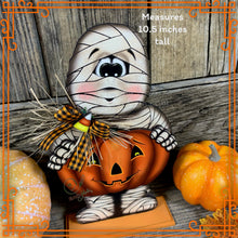 Load image into Gallery viewer, Halloween decoration, Mummy, Jack-o-lantern, pumpkin tier tray decor, Mummy shelf sitter, Halloween, Candy corn decor, Farmhouse fall decor,