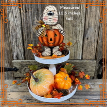 Load image into Gallery viewer, Halloween decoration, Mummy, Jack-o-lantern, pumpkin tier tray decor, Mummy shelf sitter, Halloween, Candy corn decor, Farmhouse fall decor,