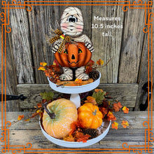Load image into Gallery viewer, Halloween decoration, Mummy, Jack-o-lantern, pumpkin tier tray decor, Mummy shelf sitter, Halloween, Candy corn decor, Farmhouse fall decor,
