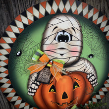 Load image into Gallery viewer, Halloween door hanger, Farmhouse Halloween, Fall home decor, Wood Mummy Halloween sign, Fall decor for the home, Mummy and pumpkin wreath