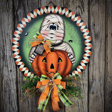 Load image into Gallery viewer, Halloween door hanger, Farmhouse Halloween, Fall home decor, Wood Mummy Halloween sign, Fall decor for the home, Mummy and pumpkin wreath