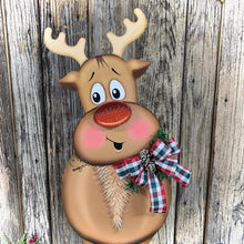 Load image into Gallery viewer, Christmas Reindeer decoration, Large Reindeer, Rudolph and Santa decor, Wooden Reindeer with stand, Farmhouse Christmas Porch decoration,