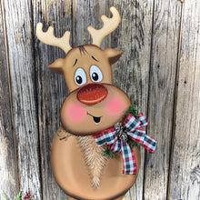 Load image into Gallery viewer, Christmas Reindeer decoration, Large Reindeer, Rudolph and Santa decor, Wooden Reindeer with stand, Farmhouse Christmas Porch decoration,