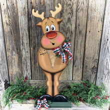 Load image into Gallery viewer, Christmas Reindeer decoration, Large Reindeer, Rudolph and Santa decor, Wooden Reindeer with stand, Farmhouse Christmas Porch decoration,