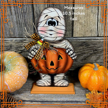 Load image into Gallery viewer, Halloween decoration, Mummy, Jack-o-lantern, pumpkin tier tray decor, Mummy shelf sitter, Halloween, Candy corn decor, Farmhouse fall decor,