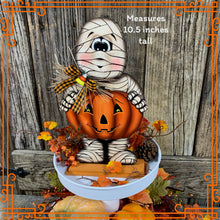 Load image into Gallery viewer, Halloween decoration, Mummy, Jack-o-lantern, pumpkin tier tray decor, Mummy shelf sitter, Halloween, Candy corn decor, Farmhouse fall decor,