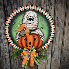 Load image into Gallery viewer, Halloween door hanger, Farmhouse Halloween, Fall home decor, Wood Mummy Halloween sign, Fall decor for the home, Mummy and pumpkin wreath