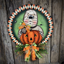 Load image into Gallery viewer, Halloween door hanger, Farmhouse Halloween, Fall home decor, Wood Mummy Halloween sign, Fall decor for the home, Mummy and pumpkin wreath