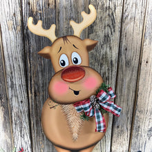 Load image into Gallery viewer, Christmas Reindeer decoration, Large Reindeer, Rudolph and Santa decor, Wooden Reindeer with stand, Farmhouse Christmas Porch decoration,