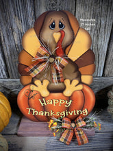 Load image into Gallery viewer, Thanksgiving centerpiece, Turkey decoration, table, mantle, shelf, porch fall decor, Wooden Pilgrim Turkey, Autumn floral table arrangement