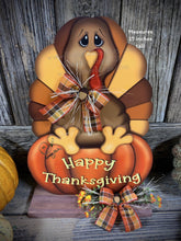 Load image into Gallery viewer, Thanksgiving centerpiece, Turkey decoration, table, mantle, shelf, porch fall decor, Wooden Pilgrim Turkey, Autumn floral table arrangement