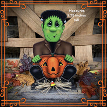Load image into Gallery viewer, Frankenstein, Cute Halloween Monster, tiered tray, jack-o-lantern pumpkin decoration, Halloween decoration, Wooden Frankenstein and pumpkin