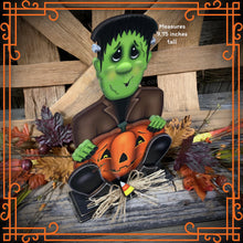 Load image into Gallery viewer, Frankenstein, Cute Halloween Monster, tiered tray, jack-o-lantern pumpkin decoration, Halloween decoration, Wooden Frankenstein and pumpkin