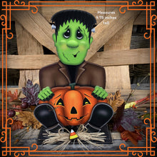 Load image into Gallery viewer, Frankenstein, Cute Halloween Monster, tiered tray, jack-o-lantern pumpkin decoration, Halloween decoration, Wooden Frankenstein and pumpkin