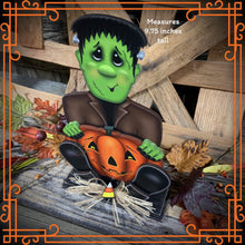 Load image into Gallery viewer, Frankenstein, Cute Halloween Monster, tiered tray, jack-o-lantern pumpkin decoration, Halloween decoration, Wooden Frankenstein and pumpkin