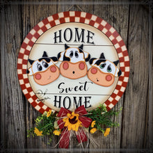 Load image into Gallery viewer, Cow wreath for front door. Farmhouse door hanger, Farm decoration, highland cow decor, funny cows, Sunflower door hanger, wooden cow sign