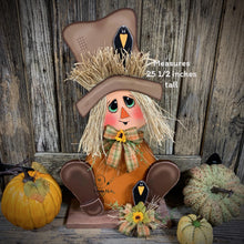 Load image into Gallery viewer, Fall Scarecrow decoration, sitting Scarecrow porch decor, Autumn arrangement for entry way, Halloween, Farmhouse, Thanksgiving pumpkin decor