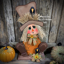 Load image into Gallery viewer, Fall Scarecrow decoration, sitting Scarecrow porch decor, Autumn arrangement for entry way, Halloween, Farmhouse, Thanksgiving pumpkin decor