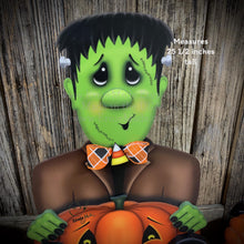 Load image into Gallery viewer, Halloween decoration, Frankenstein, cute Monster, candy corn, fall porch decor, wood jack-o-lantern pumpkin, fall floral Pumpkin arrangement