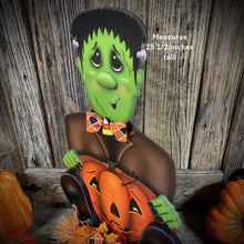Load image into Gallery viewer, Halloween decoration, Frankenstein, cute Monster, candy corn, fall porch decor, wood jack-o-lantern pumpkin, fall floral Pumpkin arrangement