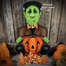 Load image into Gallery viewer, Halloween decoration, Frankenstein, cute Monster, candy corn, fall porch decor, wood jack-o-lantern pumpkin, fall floral Pumpkin arrangement