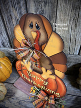 Load image into Gallery viewer, Thanksgiving centerpiece, Turkey decoration, table, mantle, shelf, porch fall decor, Wooden Pilgrim Turkey, Autumn floral table arrangement