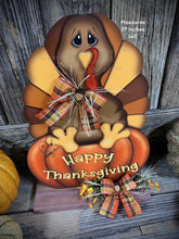 Load image into Gallery viewer, Thanksgiving centerpiece, Turkey decoration, table, mantle, shelf, porch fall decor, Wooden Pilgrim Turkey, Autumn floral table arrangement