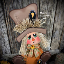 Load image into Gallery viewer, Fall Scarecrow decoration, sitting Scarecrow porch decor, Autumn arrangement for entry way, Halloween, Farmhouse, Thanksgiving pumpkin decor