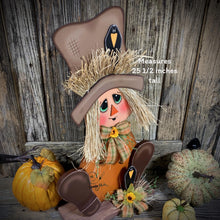 Load image into Gallery viewer, Fall Scarecrow decoration, sitting Scarecrow porch decor, Autumn arrangement for entry way, Halloween, Farmhouse, Thanksgiving pumpkin decor