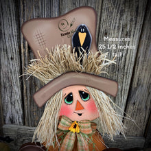 Load image into Gallery viewer, Fall Scarecrow decoration, sitting Scarecrow porch decor, Autumn arrangement for entry way, Halloween, Farmhouse, Thanksgiving pumpkin decor