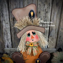 Load image into Gallery viewer, Fall Scarecrow decoration, sitting Scarecrow porch decor, Autumn arrangement for entry way, Halloween, Farmhouse, Thanksgiving pumpkin decor