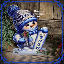 Load image into Gallery viewer, Snowman decoration, Shelf sitter Snowman, Blue and Silver Christmas decor, Winter tiered tray decor, let it snow sign, Wooden Snowman decor