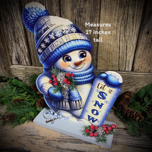 Load image into Gallery viewer, Snowman decoration, Shelf sitter Snowman, Blue and Silver Christmas decor, Winter tiered tray decor, let it snow sign, Wooden Snowman decor