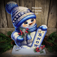 Load image into Gallery viewer, Snowman decoration, Shelf sitter Snowman, Blue and Silver Christmas decor, Winter tiered tray decor, let it snow sign, Wooden Snowman decor