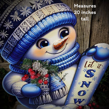 Load image into Gallery viewer, Snowman decoration, Shelf sitter Snowman, Blue and Silver Christmas decor, Winter tiered tray decor, let it snow sign, Wooden Snowman decor