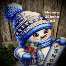 Load image into Gallery viewer, Snowman decoration, Shelf sitter Snowman, Blue and Silver Christmas decor, Winter tiered tray decor, let it snow sign, Wooden Snowman decor