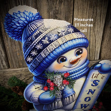 Load image into Gallery viewer, Snowman decoration, Shelf sitter Snowman, Blue and Silver Christmas decor, Winter tiered tray decor, let it snow sign, Wooden Snowman decor
