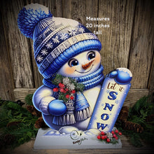 Load image into Gallery viewer, Snowman decoration, Shelf sitter Snowman, Blue and Silver Christmas decor, Winter tiered tray decor, let it snow sign, Wooden Snowman decor