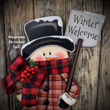 Load image into Gallery viewer, Snowman door hanger, Christmas door hanger, Winter porch decor, Wood Christmas decor, primitive snowman boots, snowman wreath for front door